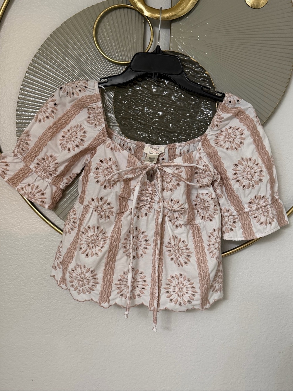 URBAN Romantics White and Blush Eyelet Tie-Front Peasant Top